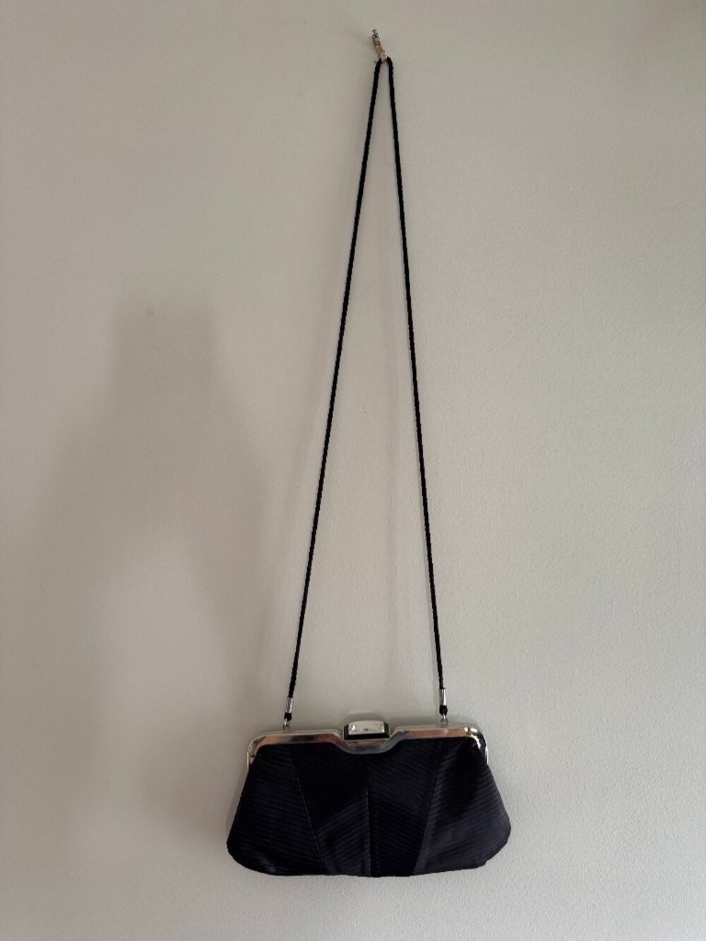 Kate Landry Black Satin Evening Bag Silver Frame Crystal Clasp Clutch Shoulder B